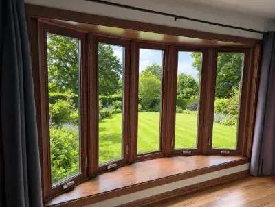 Five-panel bow window with stained wood casement sashes and a window seat, replaced by Illumination Windows in Lisle, IL